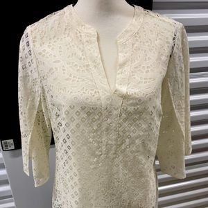 chico’s popover lace tunic Sz 0, white 3/4 flared